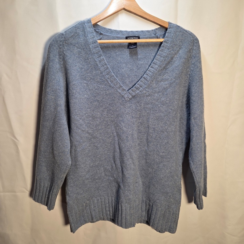 Gap‎ Y2K Sweater Women's Large Blue Lambswool Blend V Neck Pullover 3/4 Sleeve